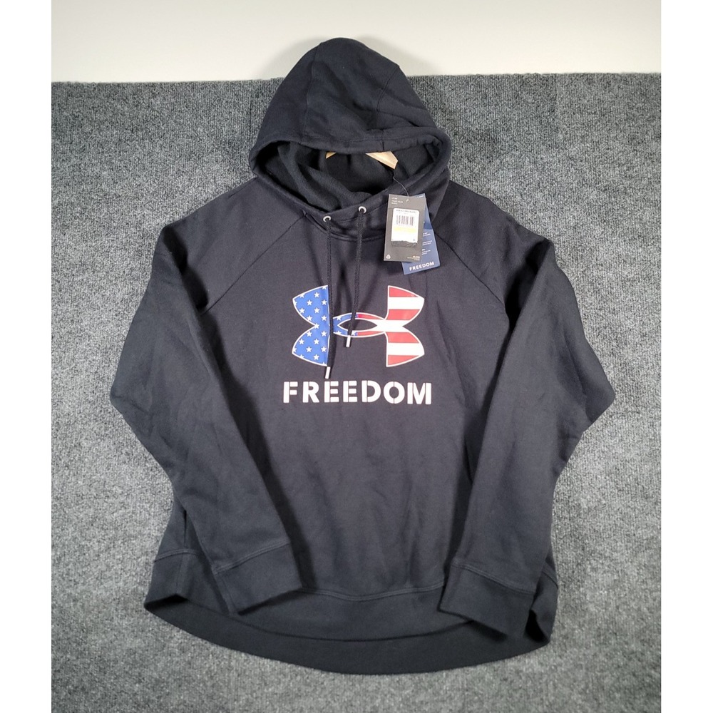NWT Under Armour Freedom Flag Logo Fleece Womens Medium Black Pullover Hoodie
